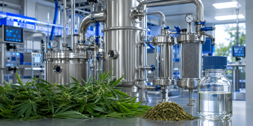 Modern hemp extraction facility with stainless-steel solvent processing and recovery equipment