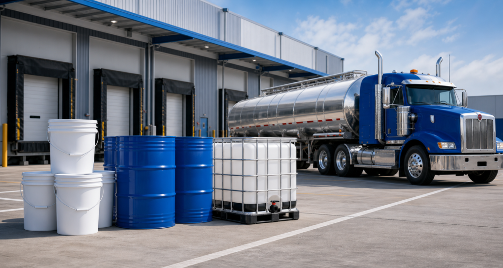 Industrial solvent pails, blue drums, an IBC tote and a bulk tanker at a distribution facility